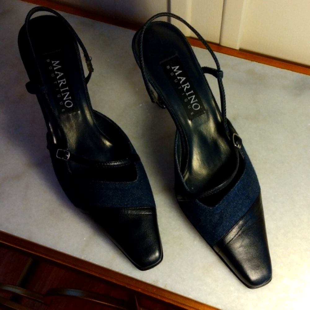 MARINO BOUTIQUE Indigo Denim and Black Leather Slingback Heels